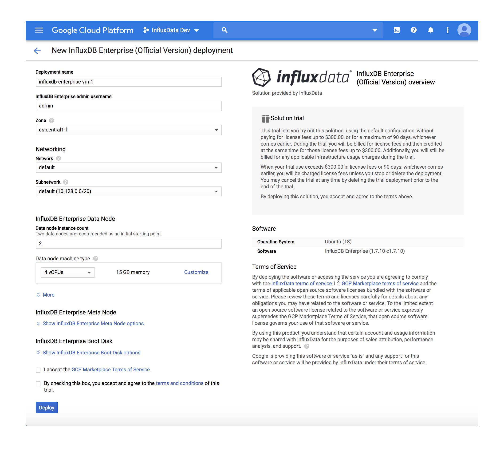 GCP InfluxDB Enterprise configuration page