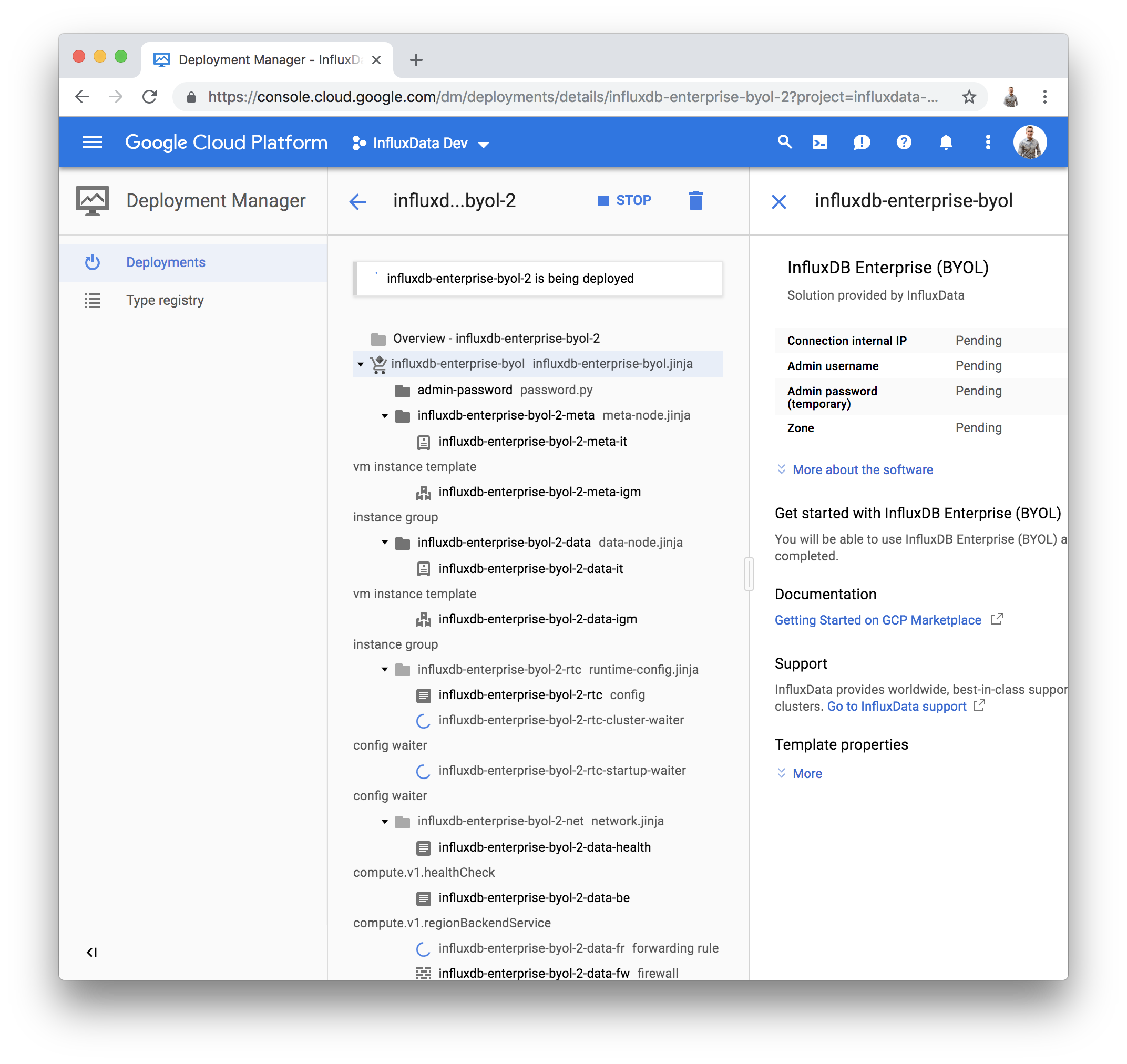 GCP InfluxDB Enterprise deployment pending page