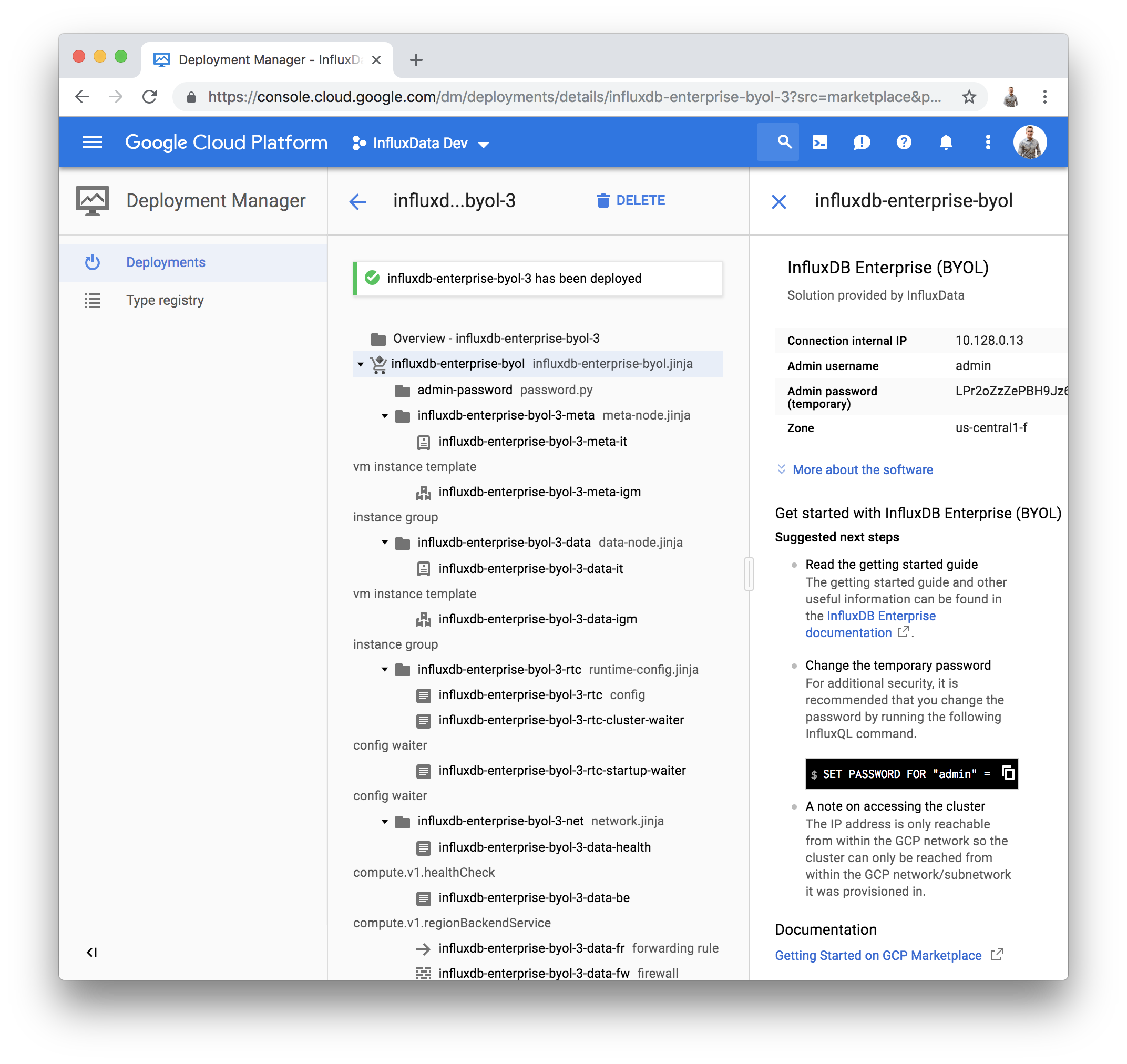 GCP InfluxDB Enterprise deployment complete page